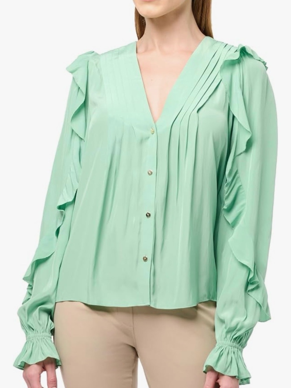 Ramy Brook Women’s Estelle Mineral Green Ruffle V-Neck Button Blouse